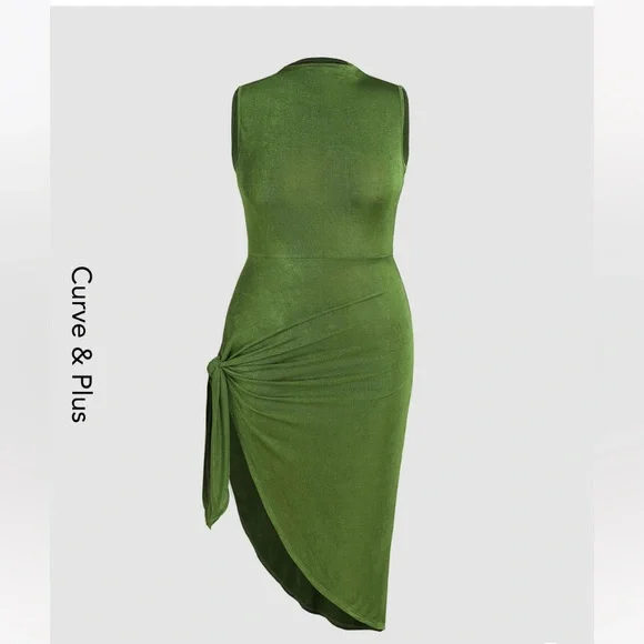CIDER Plus Size Occasion Frocks, Classy Sleeveless Slit Maxi, Curve & Plus Knit Fabric - Plain Maxi Gowns for Women Date Wedding Exhibition,0XL/Olive
